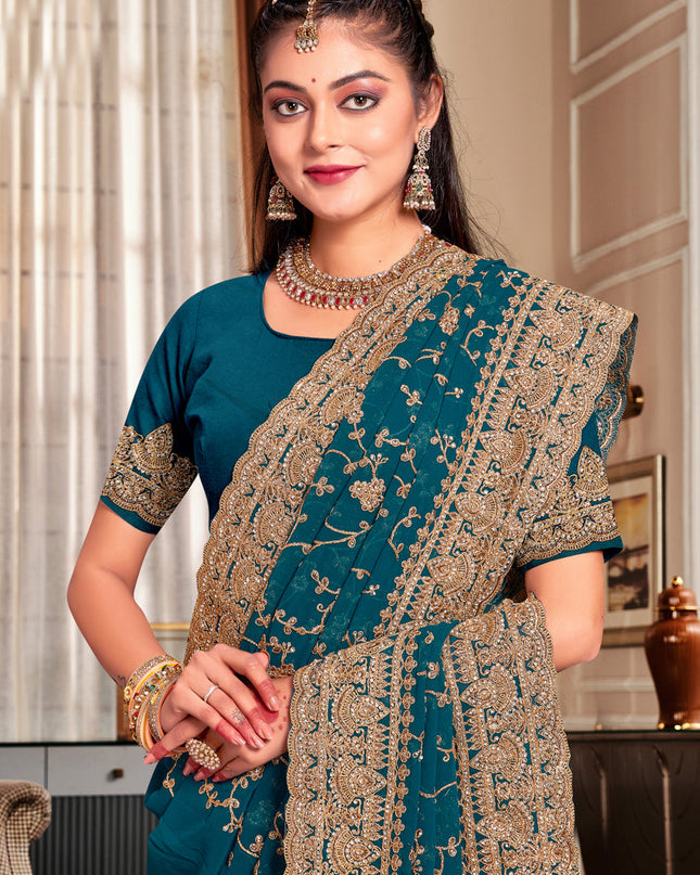 Peacock Blue Georgette Heavy Embroidered Saree