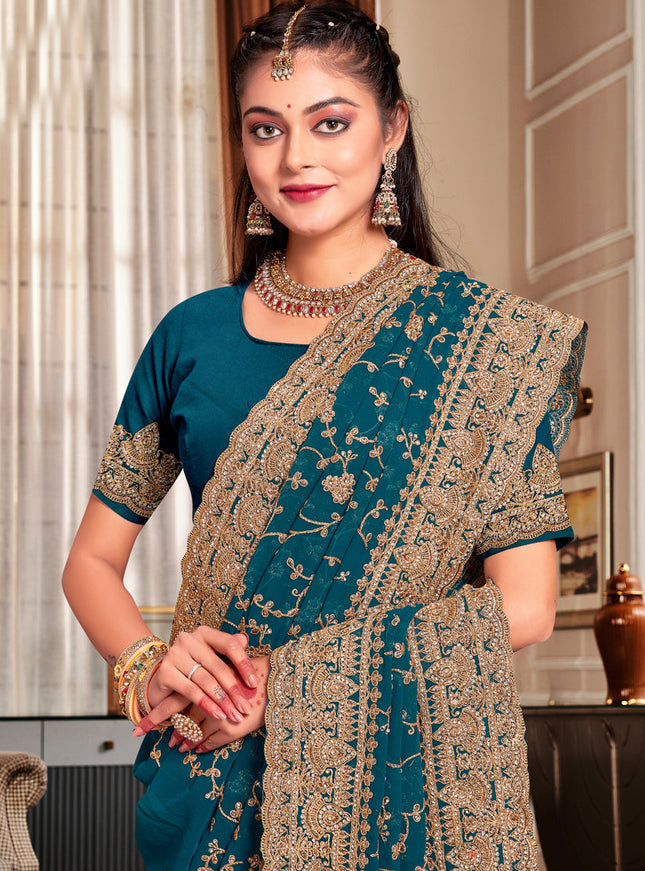 Peacock Blue Georgette Heavy Embroidered Saree