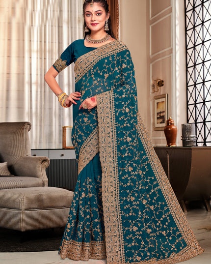 Peacock Blue Georgette Heavy Embroidered Saree