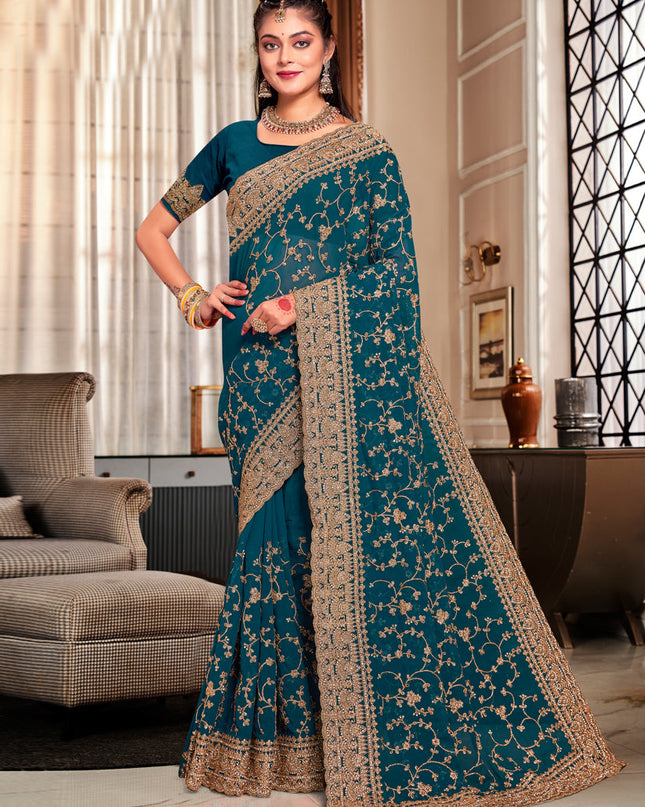 Peacock Blue Georgette Heavy Embroidered Saree