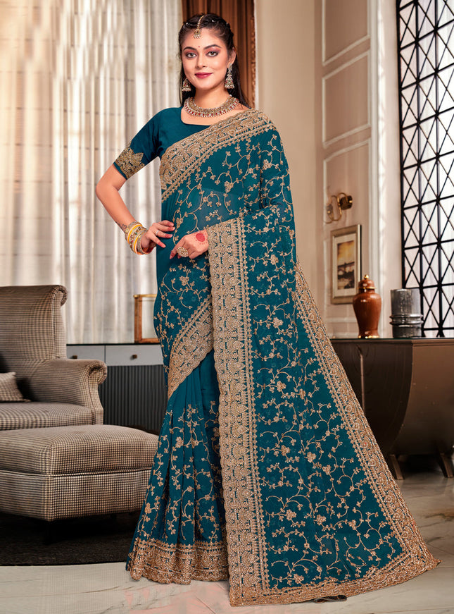 Peacock Blue Georgette Heavy Embroidered Saree