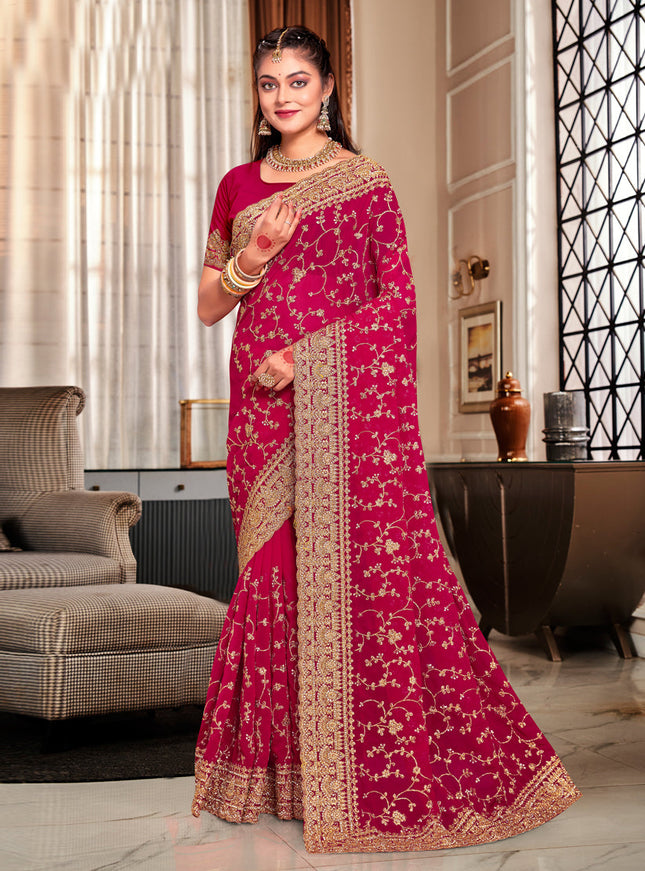 Magenta Georgette Heavy Embroidered Saree