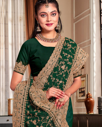 Forest Green Georgette Heavy Embroidered Saree