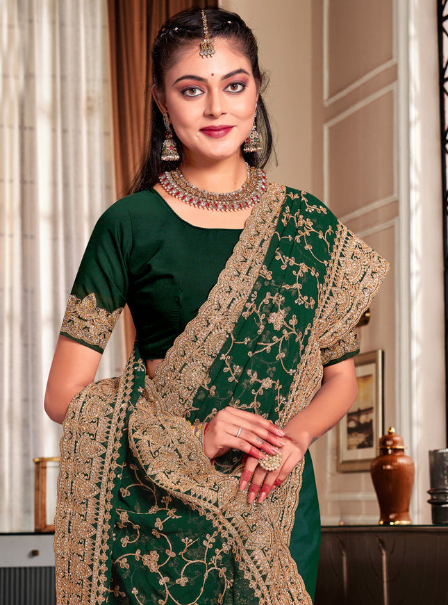 Forest Green Georgette Heavy Embroidered Saree