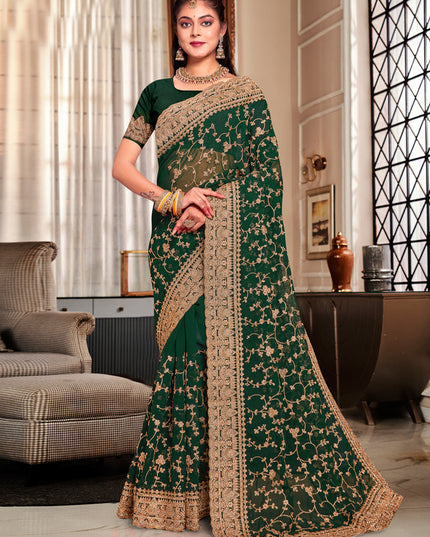 Forest Green Georgette Heavy Embroidered Saree