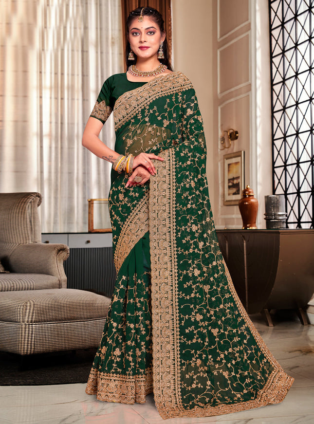 Forest Green Georgette Heavy Embroidered Saree