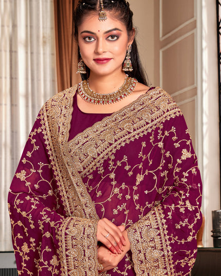 Wine Georgette Heavy Embroidered Saree