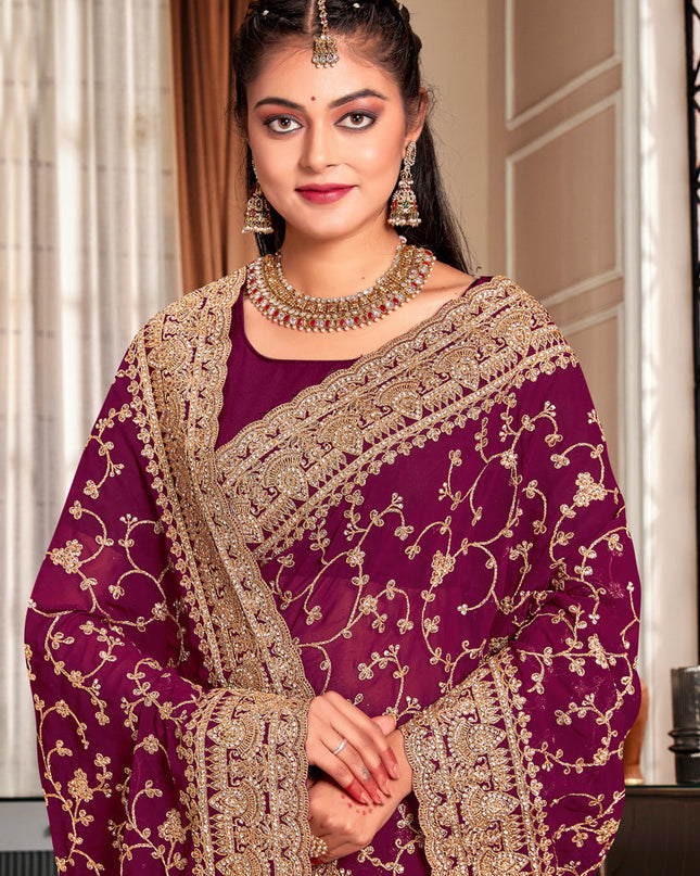 Wine Georgette Heavy Embroidered Saree
