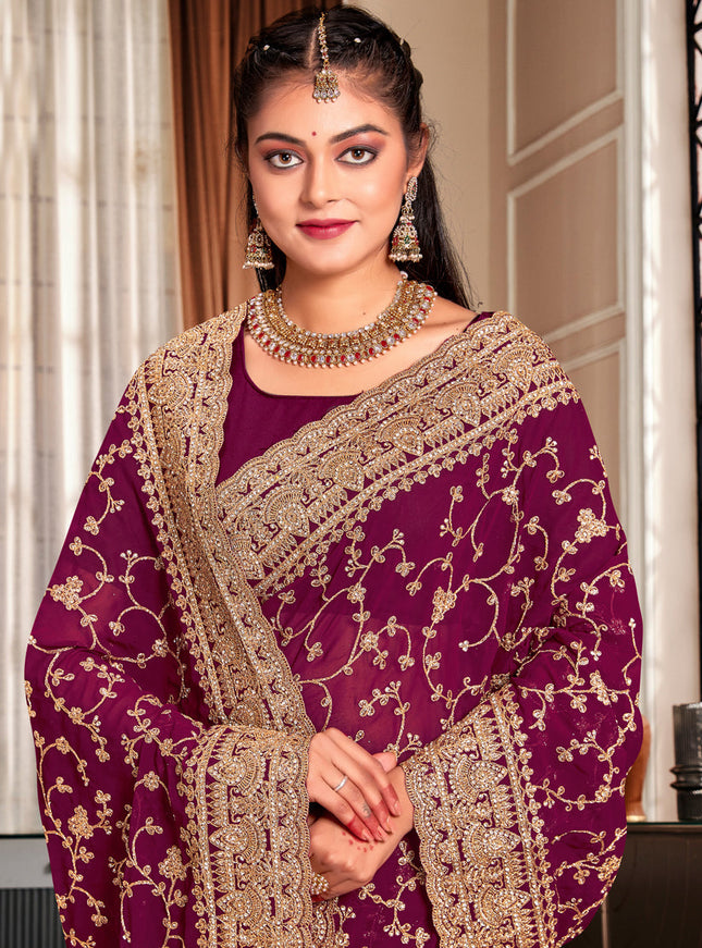 Wine Georgette Heavy Embroidered Saree