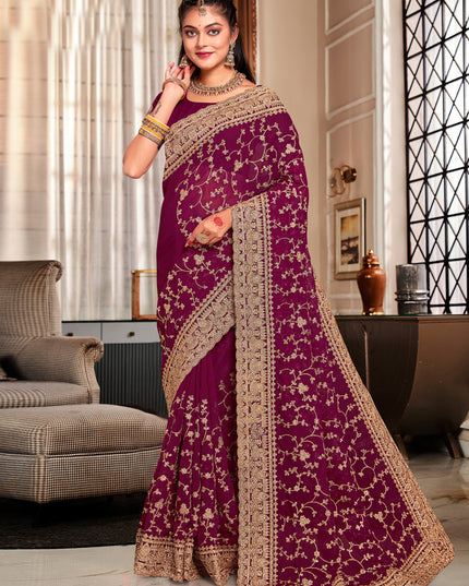 Wine Georgette Heavy Embroidered Saree
