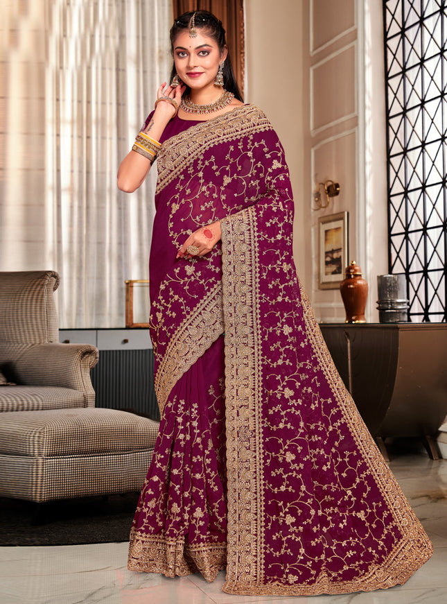Wine Georgette Heavy Embroidered Saree