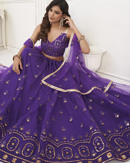 Purple Net Embroidered Lehenga Choli