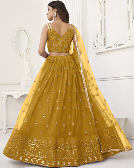 Mustard Net Embroidered Lehenga Choli