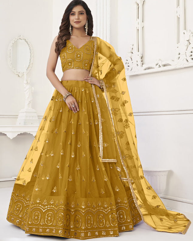 Mustard Net Embroidered Lehenga Choli