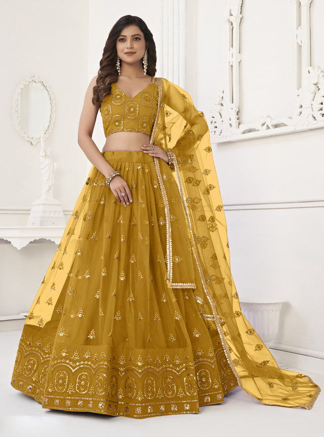Mustard Net Embroidered Lehenga Choli