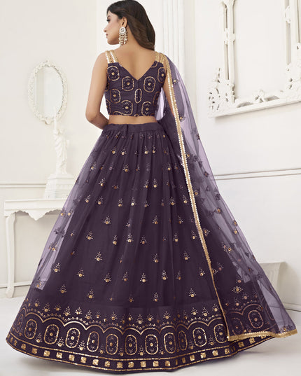 Burgundy Net Embroidered Lehenga Choli