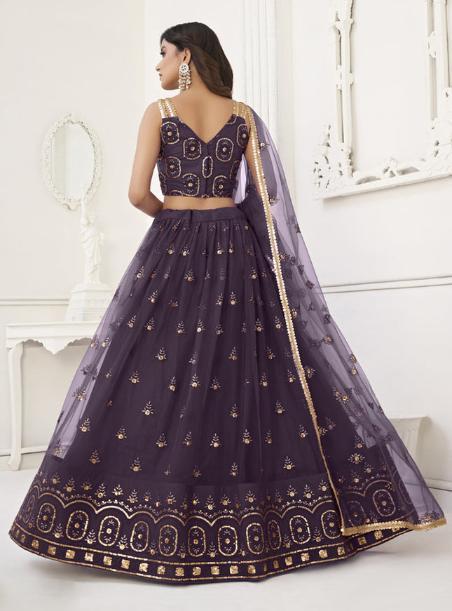 Burgundy Net Embroidered Lehenga Choli
