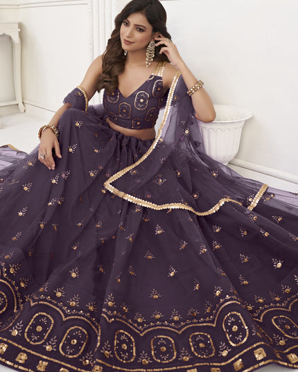 Burgundy Net Embroidered Lehenga Choli