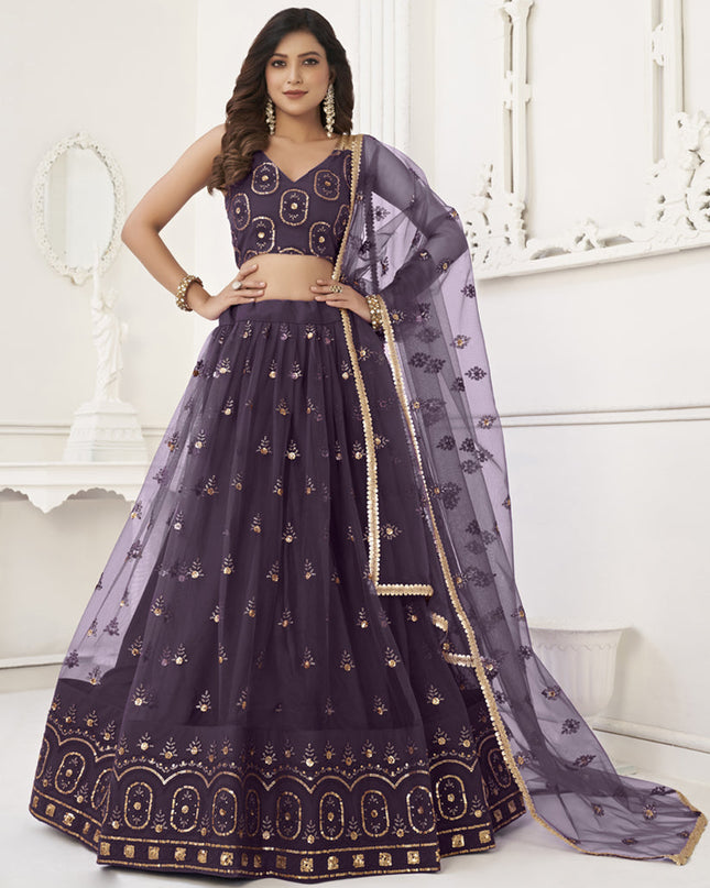 Burgundy Net Embroidered Lehenga Choli