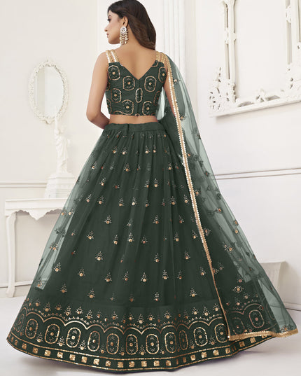 Pine Green Net Embroidered Lehenga Choli