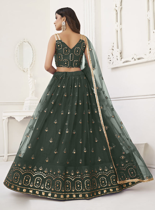 Pine Green Net Embroidered Lehenga Choli