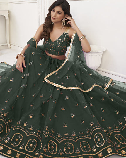 Pine Green Net Embroidered Lehenga Choli