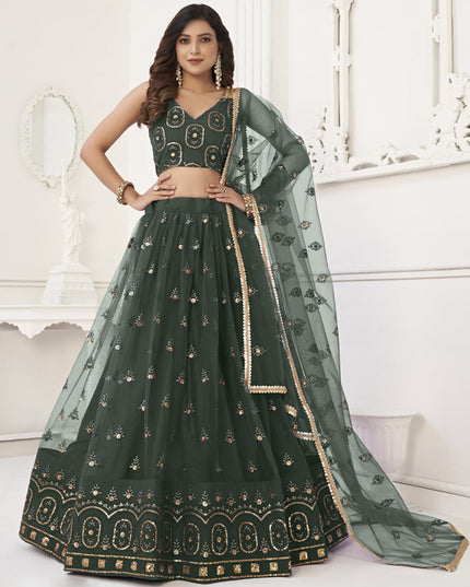 Pine Green Net Embroidered Lehenga Choli
