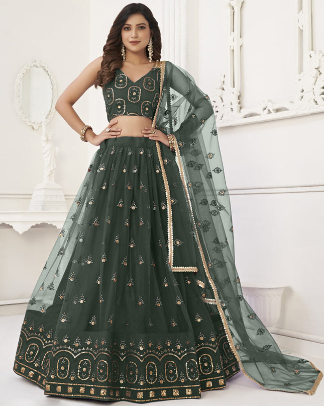 Pine Green Net Embroidered Lehenga Choli