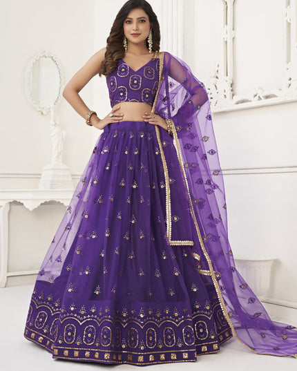 Purple Net Embroidered Lehenga Choli