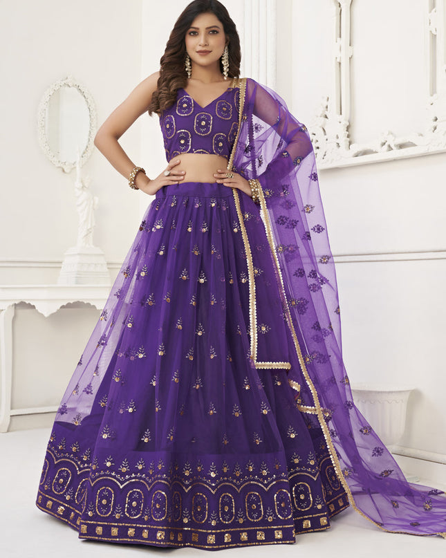 Purple Net Embroidered Lehenga Choli