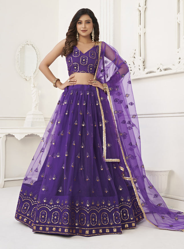 Purple Net Embroidered Lehenga Choli