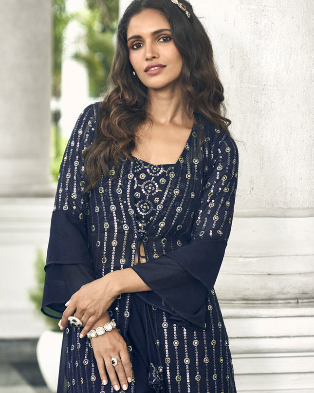 Navy Blue Faux Georgette Embroidered IndoWestern