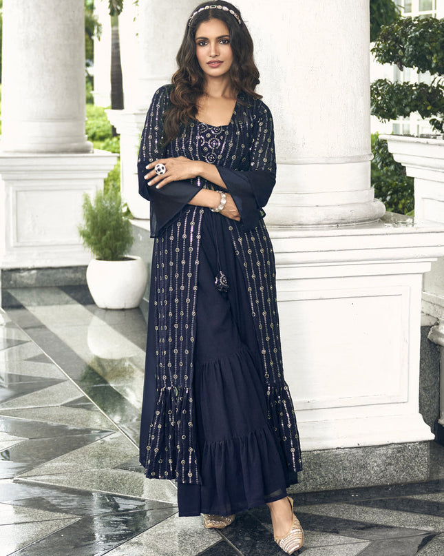 Navy Blue Faux Georgette Embroidered IndoWestern