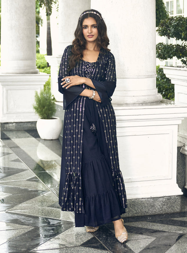 Navy Blue Faux Georgette Embroidered IndoWestern