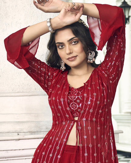 Crimson Red Faux Georgette Embroidered IndoWestern