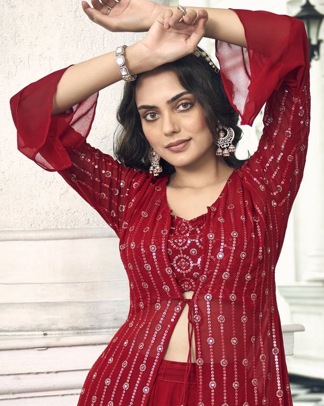 Crimson Red Faux Georgette Embroidered IndoWestern