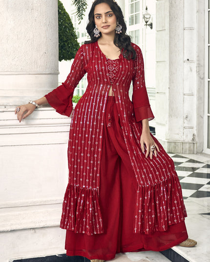 Crimson Red Faux Georgette Embroidered IndoWestern