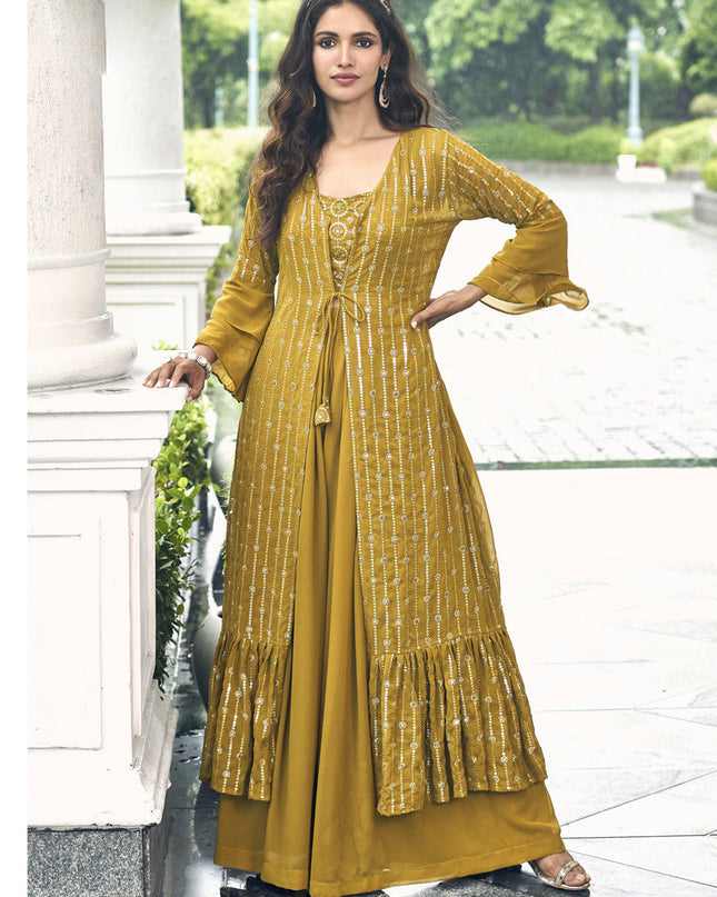 Mustard Faux Georgette Embroidered IndoWestern