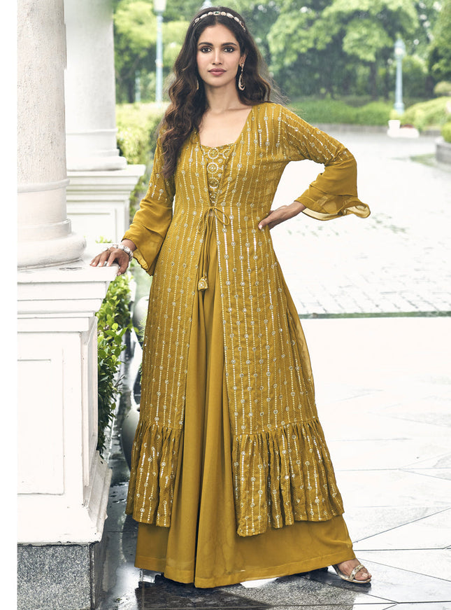 Mustard Faux Georgette Embroidered IndoWestern