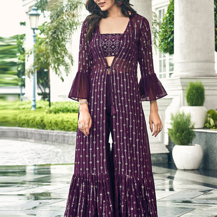 Burgundy Faux Georgette Embroidered IndoWestern