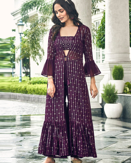 Burgundy Faux Georgette Embroidered IndoWestern