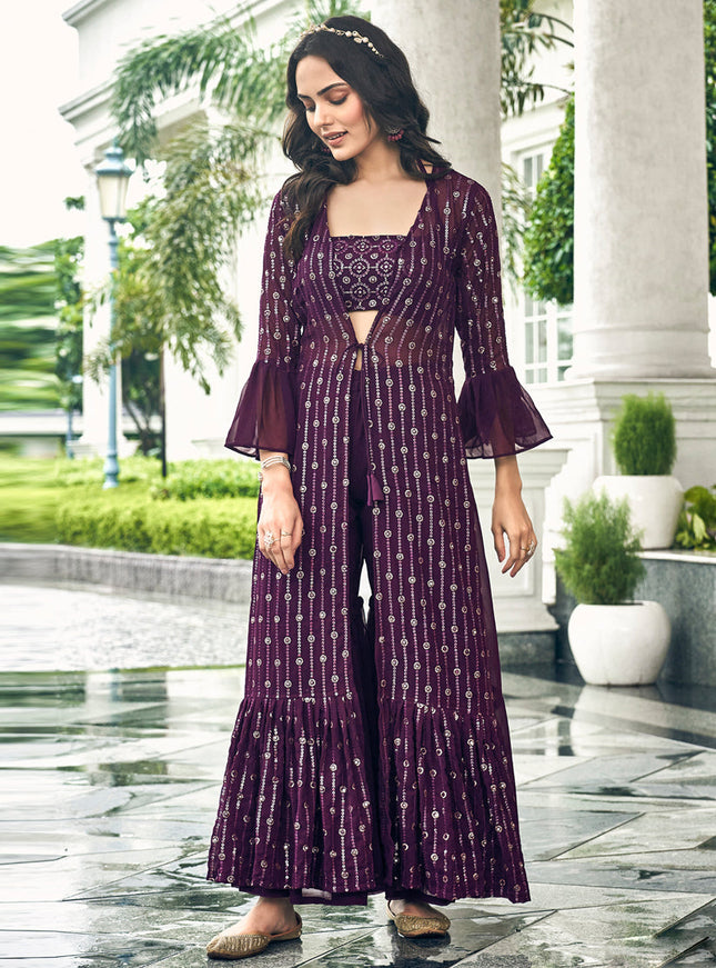 Burgundy Faux Georgette Embroidered IndoWestern