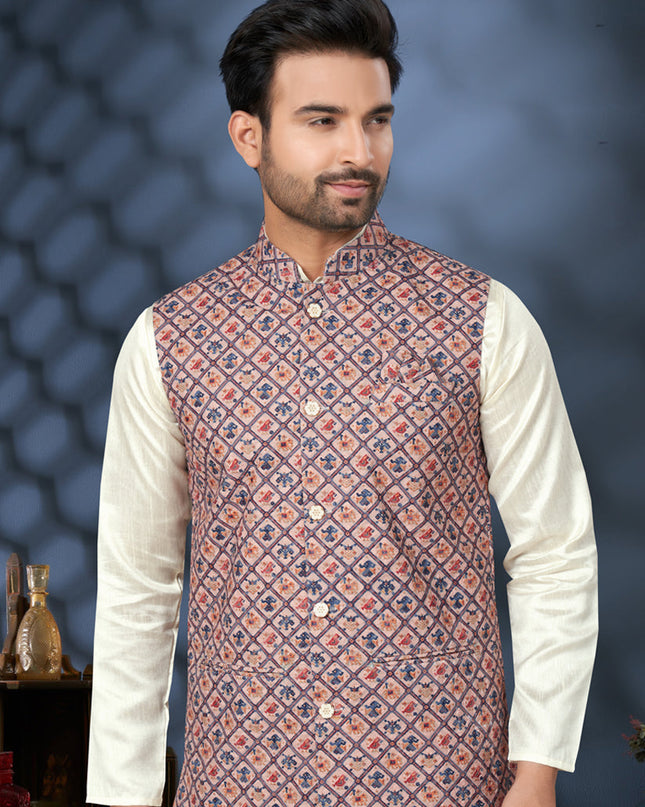 Off White Silk Kurta Pyjama with Multicolor Jacket