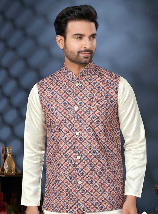 Off White Silk Kurta Pyjama with Multicolor Jacket