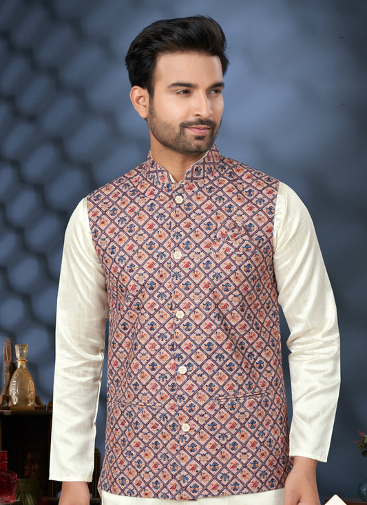 Off White Silk Kurta Pyjama with Multicolor Jacket
