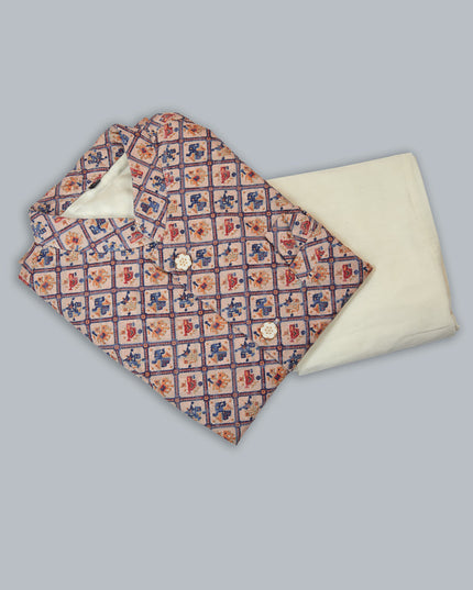 Off White Silk Kurta Pyjama with Multicolor Jacket