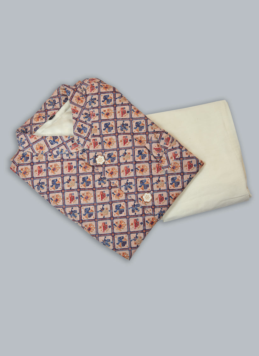 Off White Silk Kurta Pyjama with Multicolor Jacket