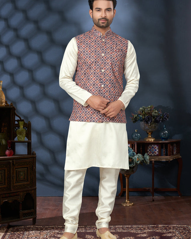 Off White Silk Kurta Pyjama with Multicolor Jacket