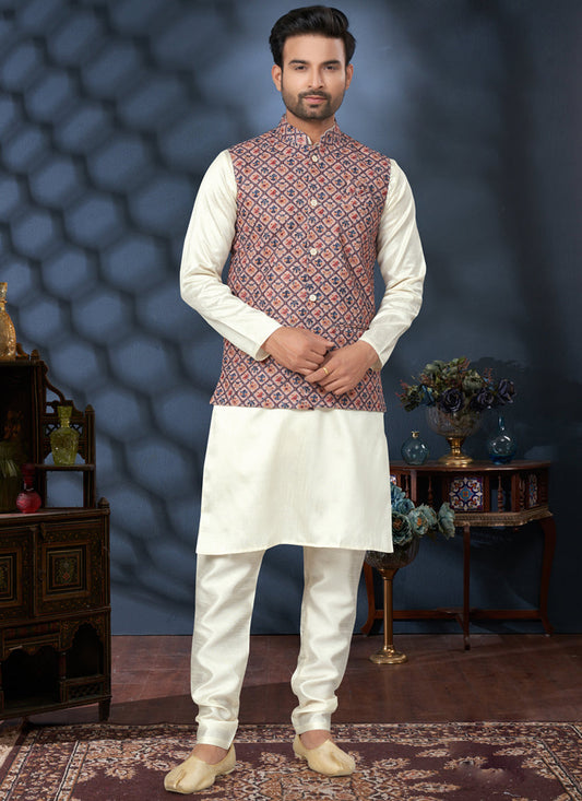 Off White Silk Kurta Pyjama with Multicolor Jacket