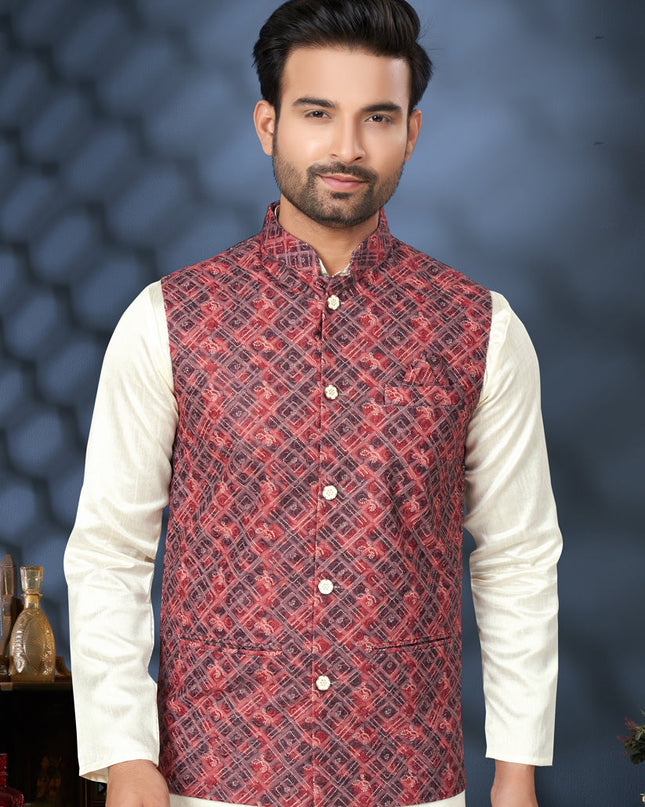 Off White Silk Kurta Pyjama with Red Jacket